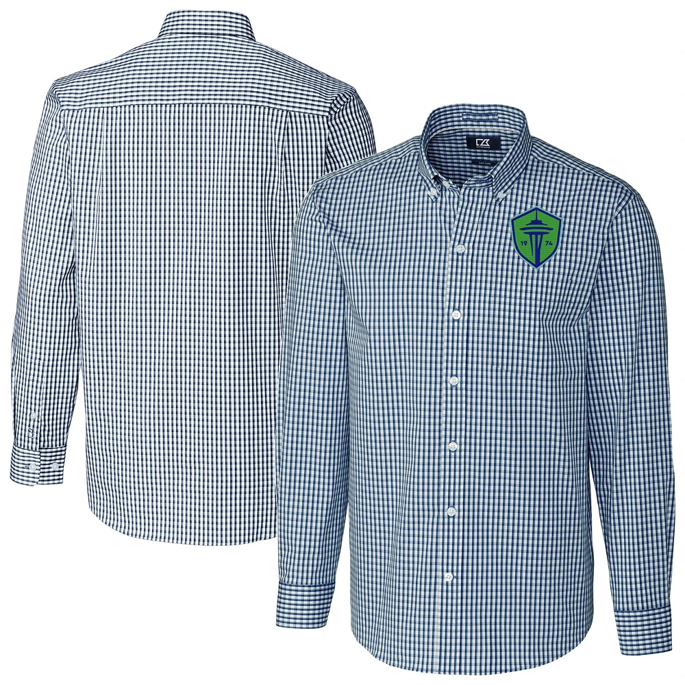 Men's Cutter & Buck Navy Seattle Sounders FC Easy Care Stretch Gingham Long Sleeve Dress Top
