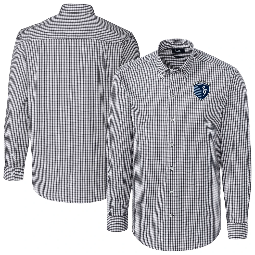 Men's Cutter & Buck Charcoal Sporting Kansas City Easy Care Stretch Gingham Long Sleeve Dress Top