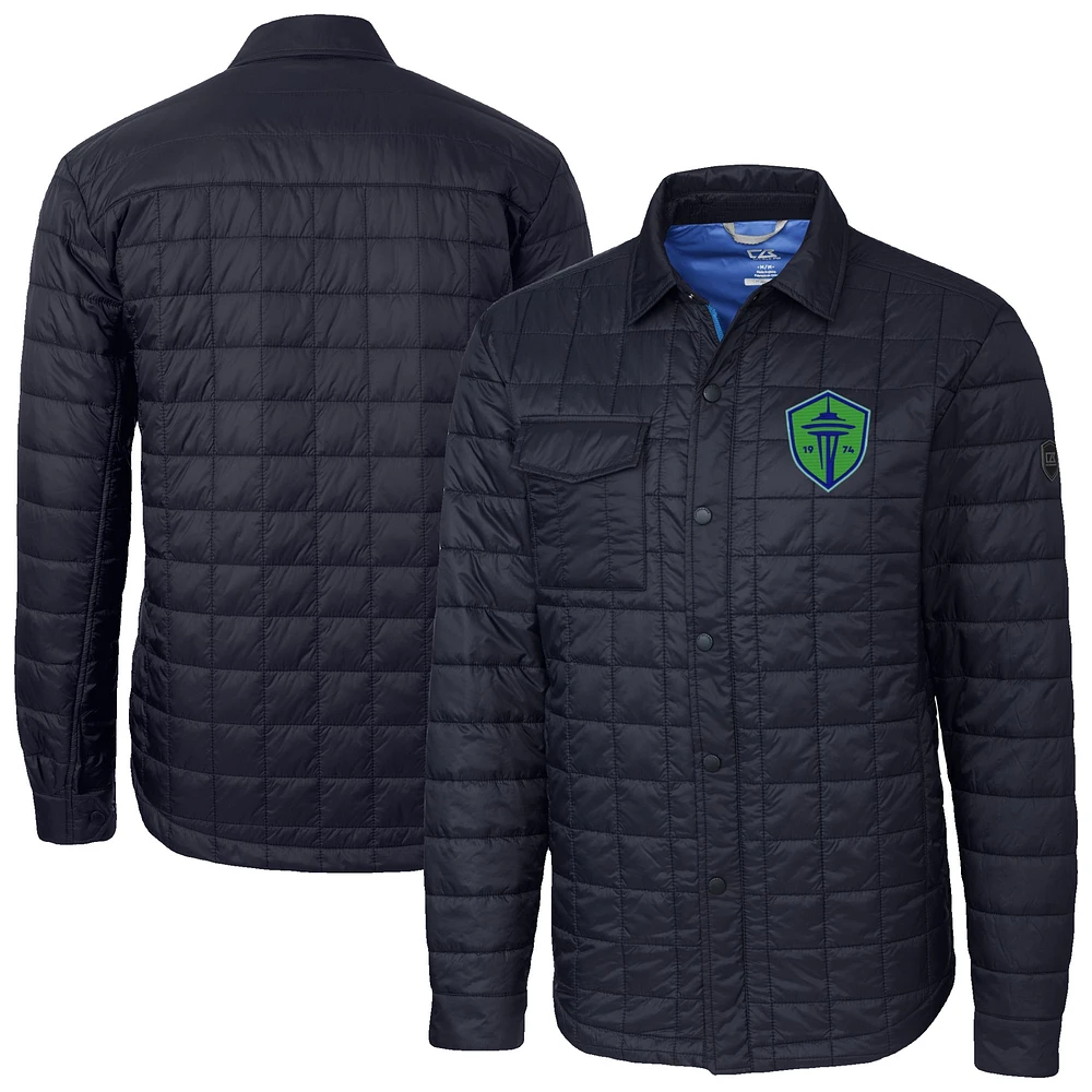 Men's Cutter & Buck Navy Seattle Sounders FC Rainier PrimaLoft Eco Insulated Quilted Shirt Jacket