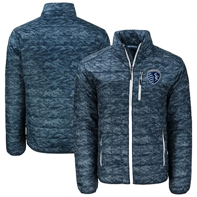 Men's Cutter & Buck Navy Sporting Kansas City Rainier PrimaLoft Eco Insulated Full-Zip Printed Puffer Jacket