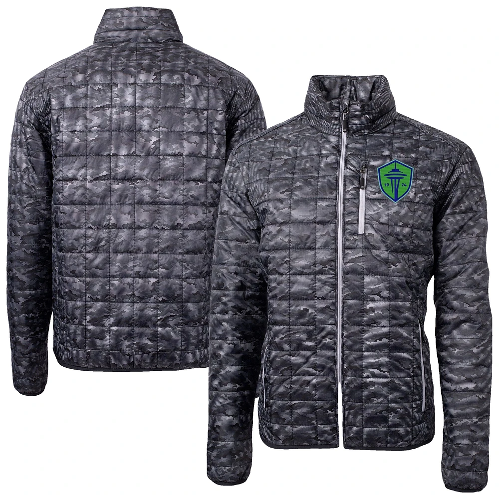 Men's Cutter & Buck Black Seattle Sounders FC Rainier PrimaLoft Eco Insulated Full-Zip Printed Puffer Jacket