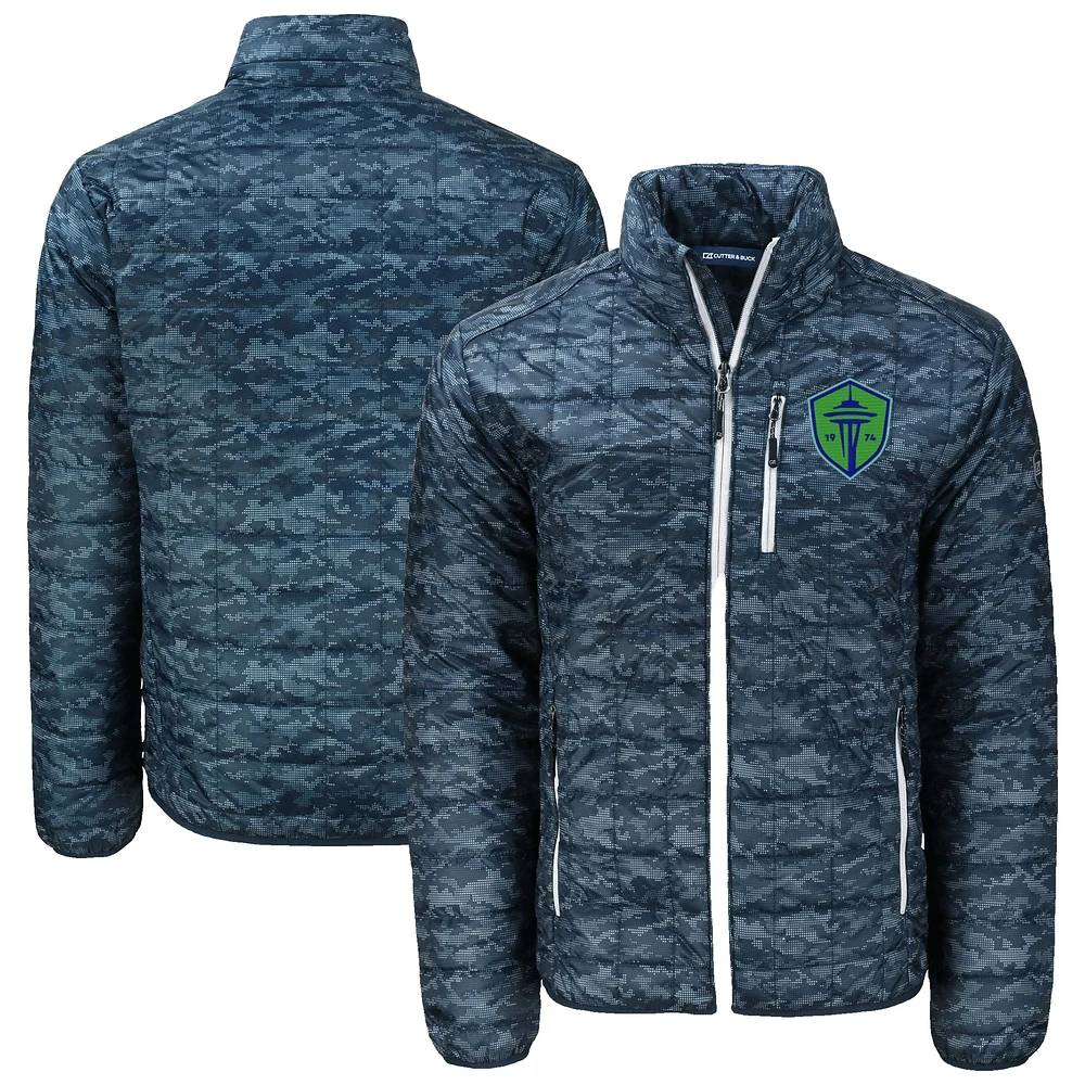 Men's Cutter & Buck Navy Seattle Sounders FC Rainier PrimaLoft Eco Insulated Full-Zip Printed Puffer Jacket
