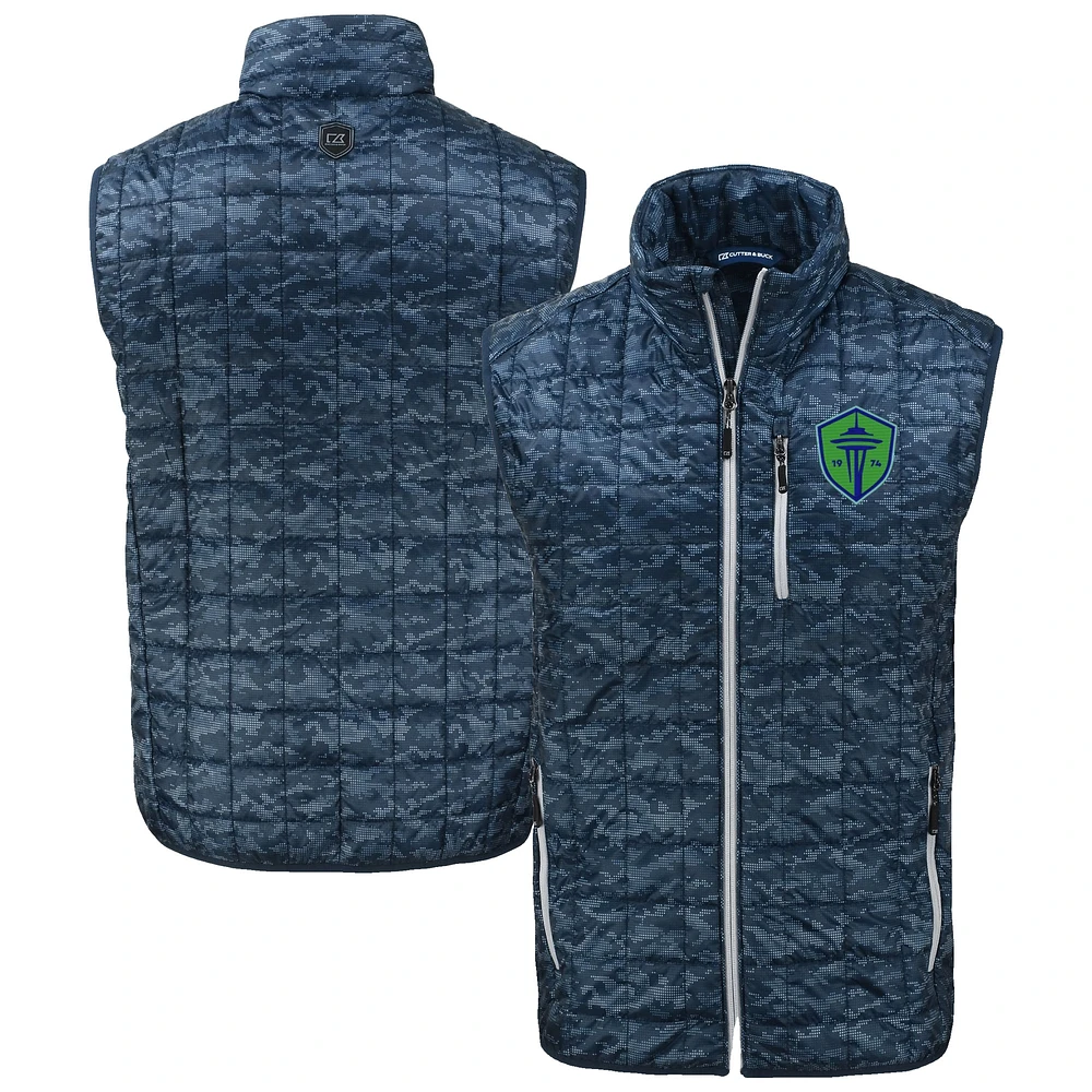 Men's Cutter & Buck Navy Seattle Sounders FC Rainier PrimaLoft Eco Insulated Full-Zip Printed Puffer Vest