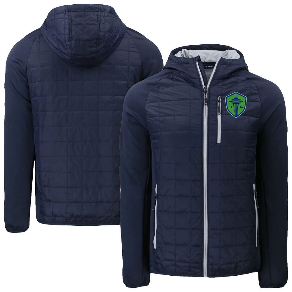 Men's Cutter & Buck Navy Seattle Sounders FC Rainier Primaloft Eco Full-Zip Hybrid Hooded Jacket