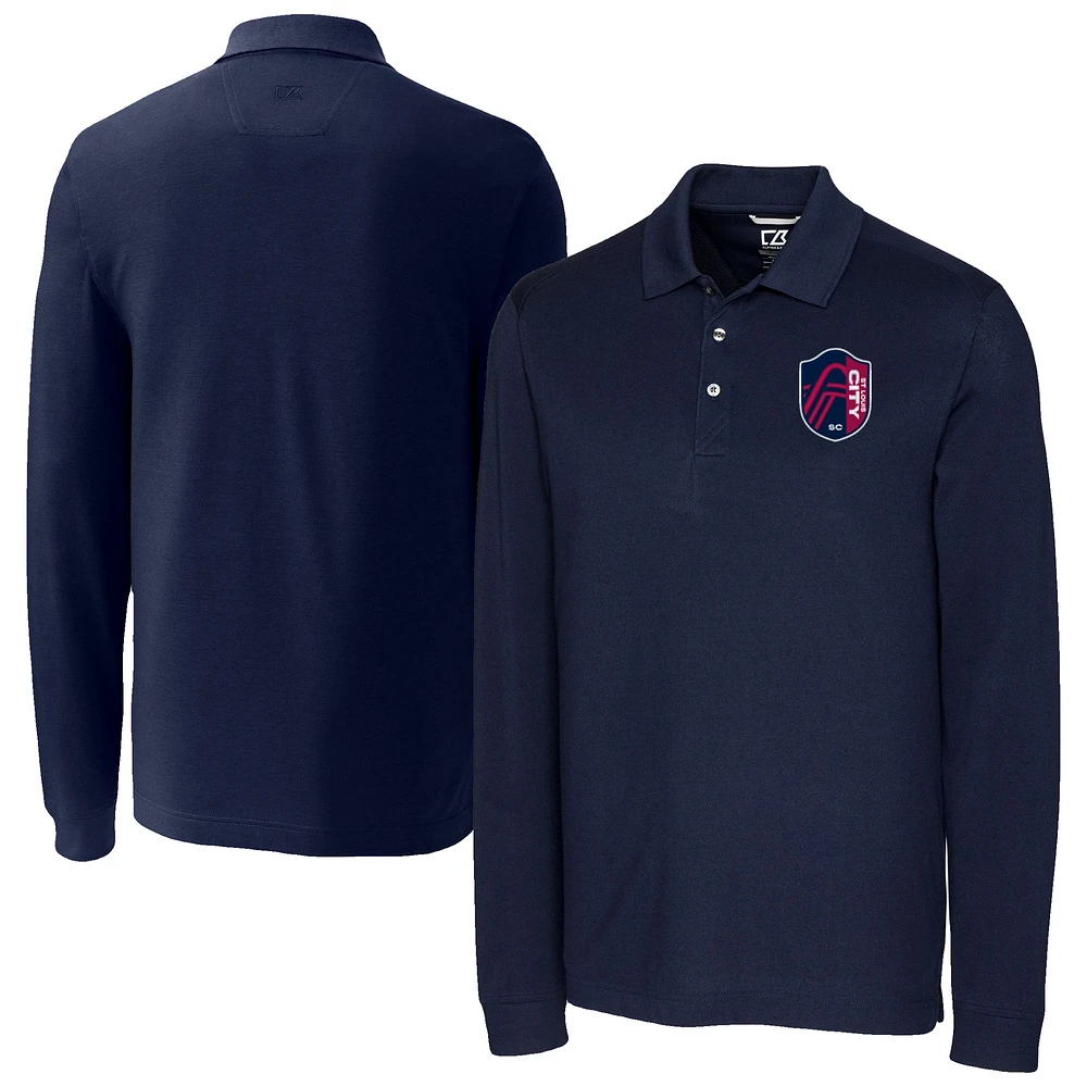 Men's Cutter & Buck Navy St. Louis City SC Advantage Eco Tri-Blend Pique Long Sleeve Polo