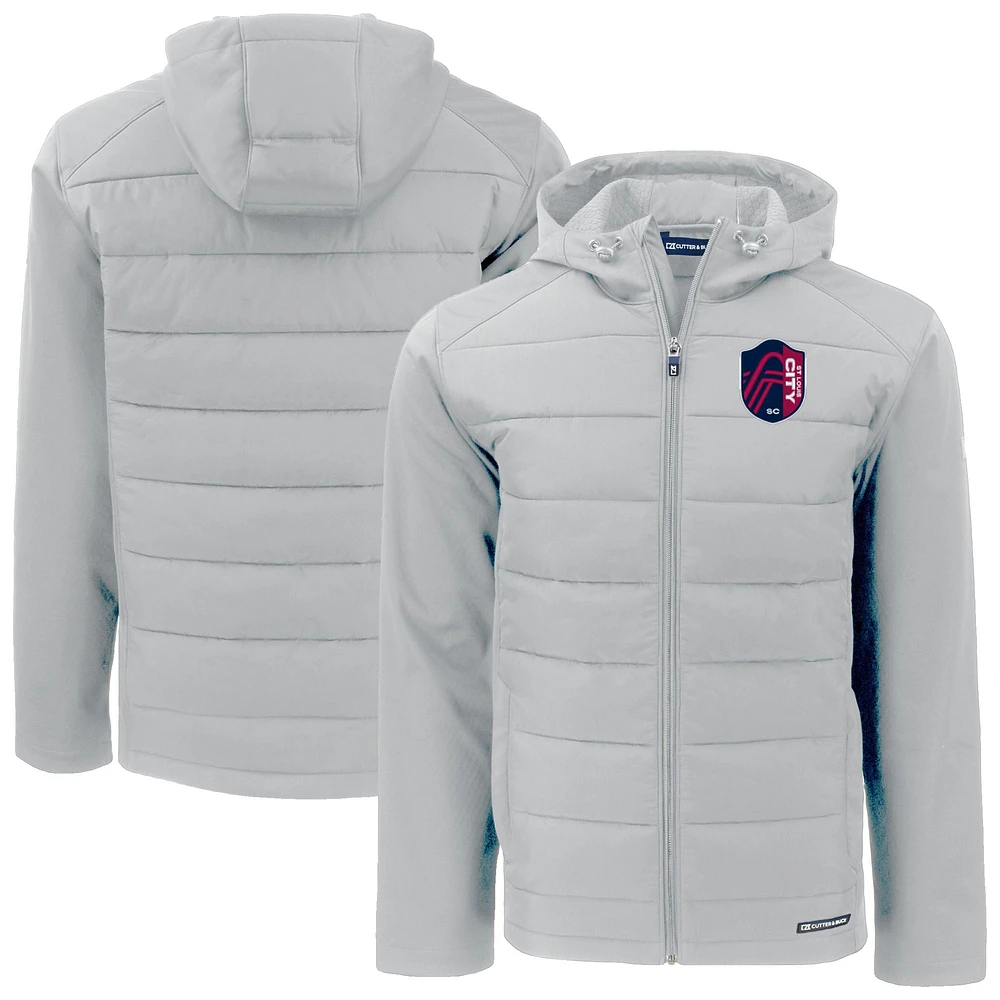 Men's Cutter & Buck Gray St. Louis City SC Evoke Hybrid Eco Softshell Recycled Full Zip Hooded Jacket
