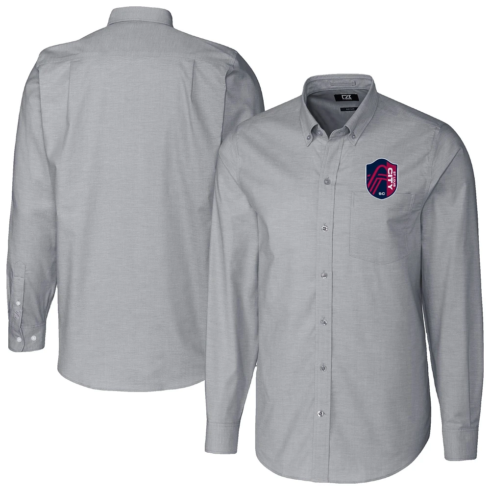 Men's Cutter & Buck Charcoal St. Louis City SC Stretch Oxford Stripe Tri-Blend Long Sleeve Button-Down Shirt
