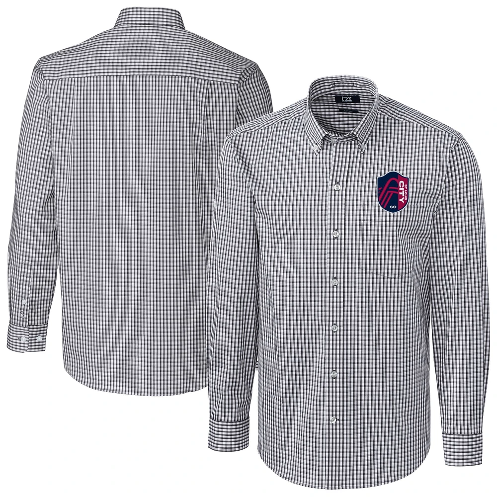 Men's Cutter & Buck Charcoal St. Louis City SC Easy Care Stretch Gingham Long Sleeve Button-Down Shirt
