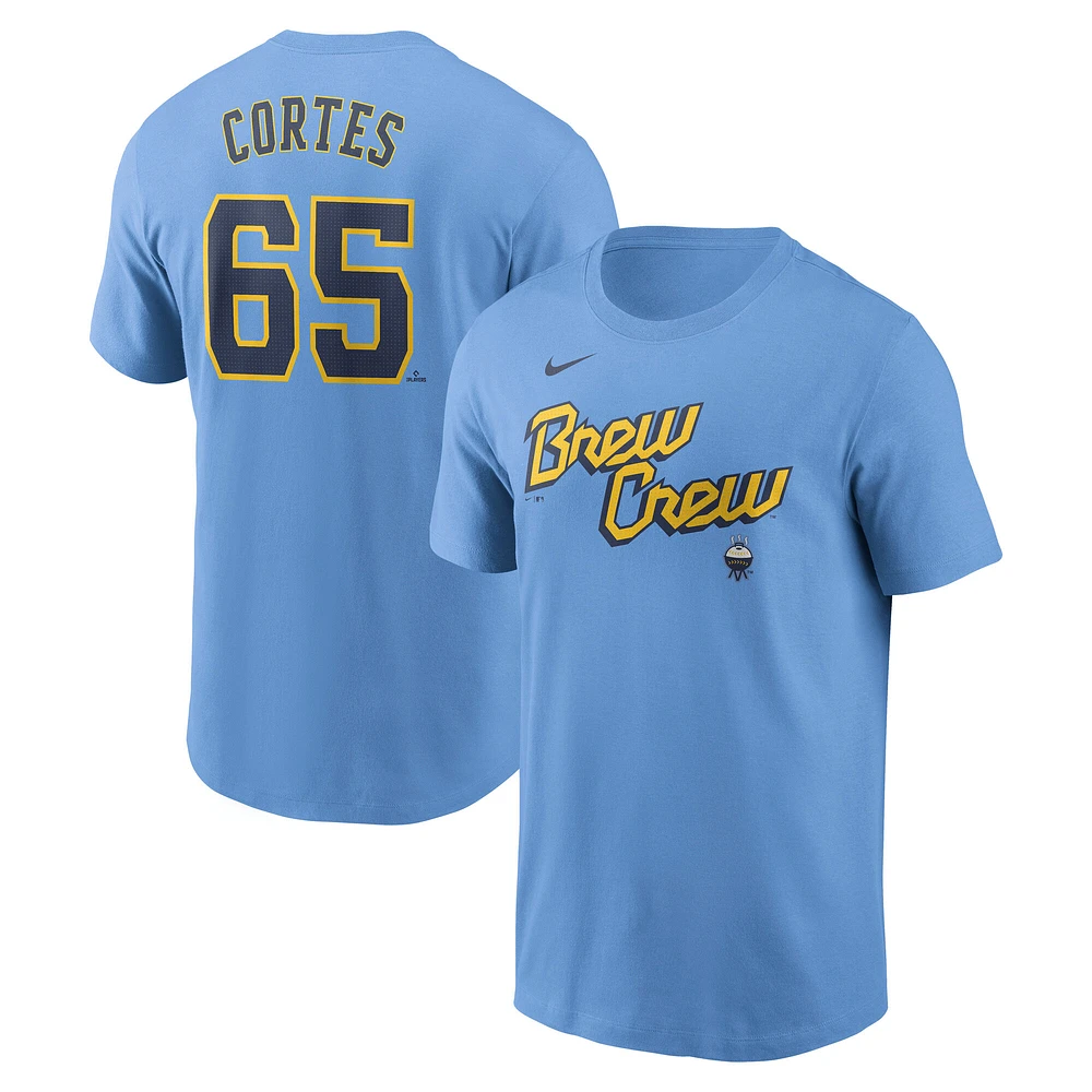 Men's Nike Nestor Cortes Light Blue Milwaukee Brewers Fuse Name & Number T-Shirt