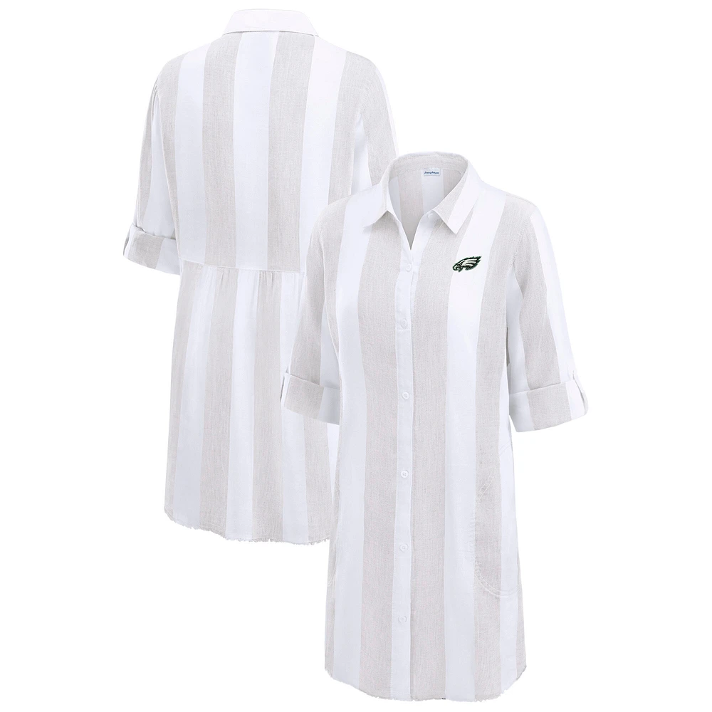 Women's Tommy Bahama Khaki/White Philadelphia Eagles Rugby Beach Stripe Button-Up Tunic