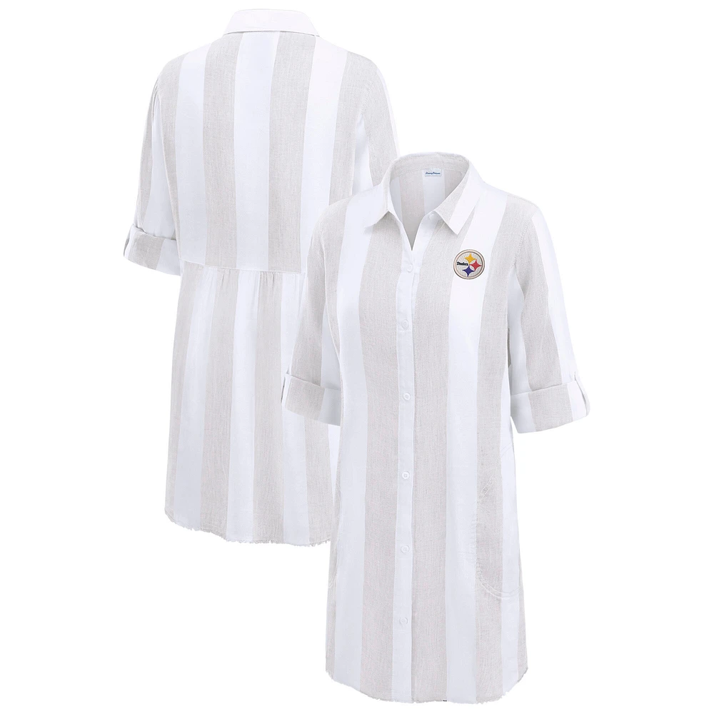 Women's Tommy Bahama Khaki/White Pittsburgh Steelers Rugby Beach Stripe Button-Up Tunic