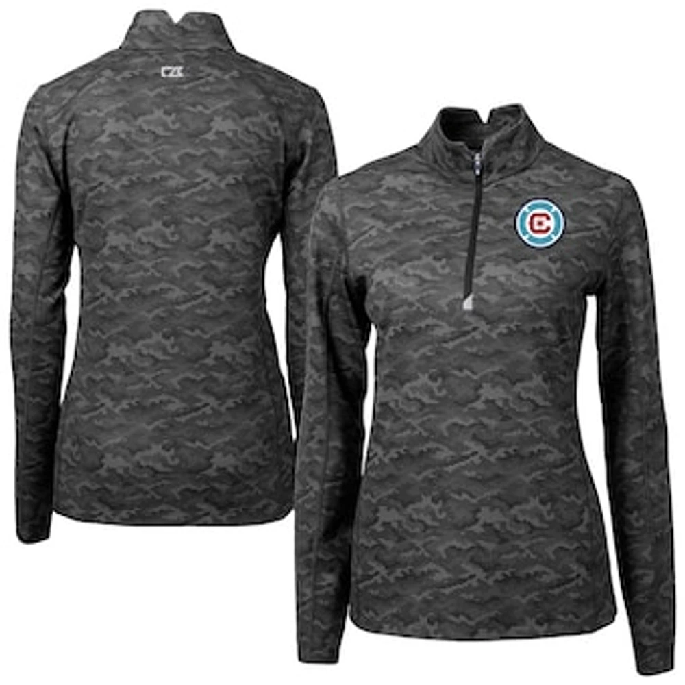 Women's Cutter & Buck Black Chicago Fire Traverse Stretch Eco Camo Print Quarter-Zip Pullover Top