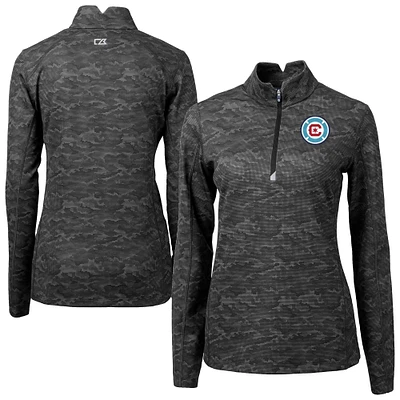 Women's Cutter & Buck Black Chicago Fire Traverse Stretch Eco Camo Print Quarter-Zip Pullover Top
