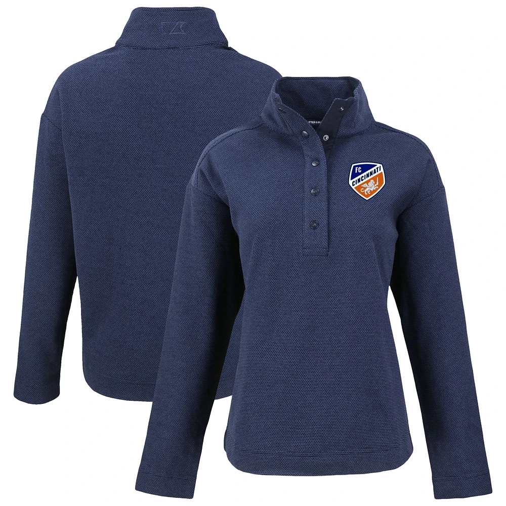 Women's Cutter & Buck Navy FC Cincinnati Hunts Point Eco Textured Fleece Recycled Quarter-Snap Pullover Top