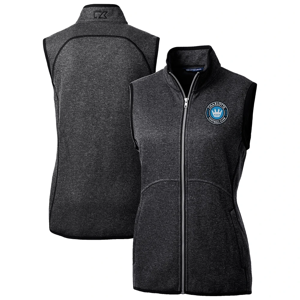Women's Cutter & Buck Heather Charcoal Charlotte FC Mainsail Sweater-Knit Full-Zip Vest