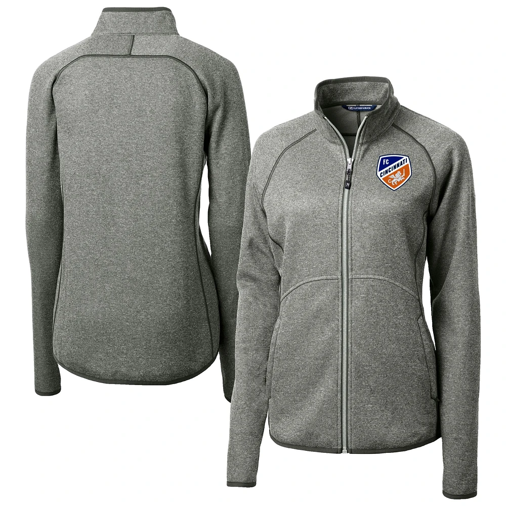 Women's Cutter & Buck Heather Gray FC Cincinnati Mainsail Sweater-Knit Raglan Full-Zip Jacket