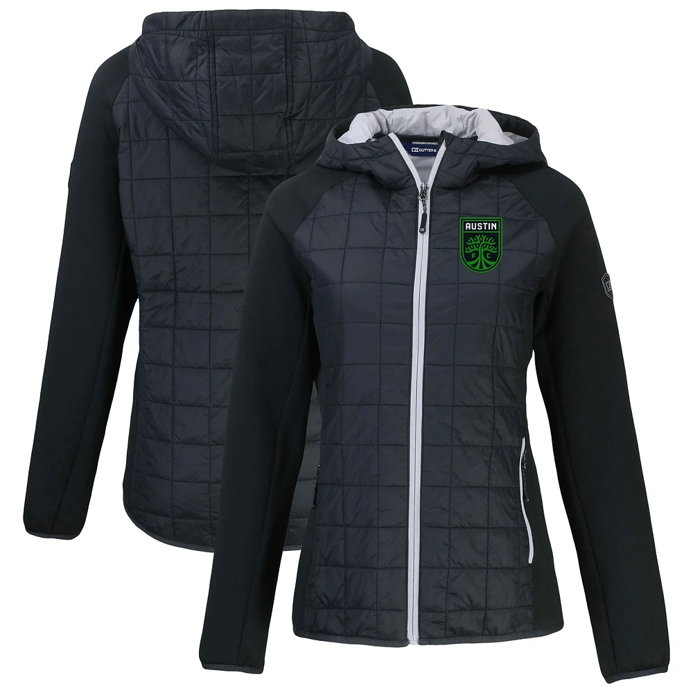 Women's Cutter & Buck Black Austin FC Rainier Primaloft Eco Raglan Full-Zip Hybrid Hooded Jacket