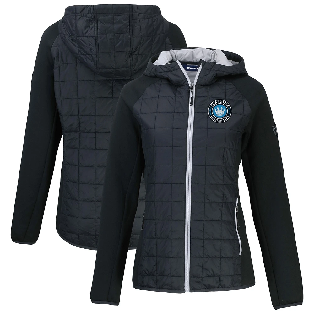 Women's Cutter & Buck Black Charlotte FC Rainier Primaloft Eco Raglan Full-Zip Hybrid Hooded Jacket