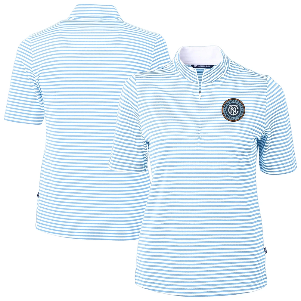 Women's Cutter & Buck Powder Blue New York City FC Virtue Eco Pique Stripe Recycled Quarter-Zip Top