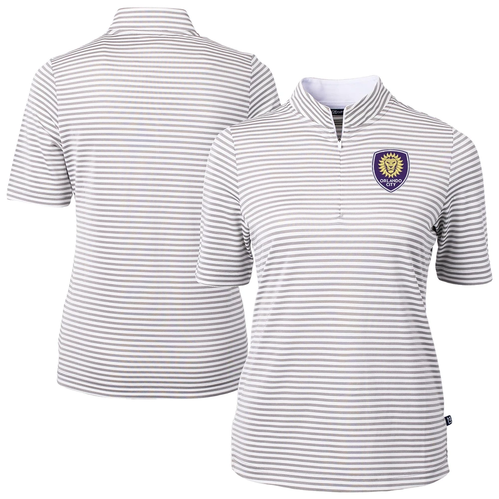 Women's Cutter & Buck Gray Orlando City SC Virtue Eco Pique Stripe Recycled Quarter-Zip Top