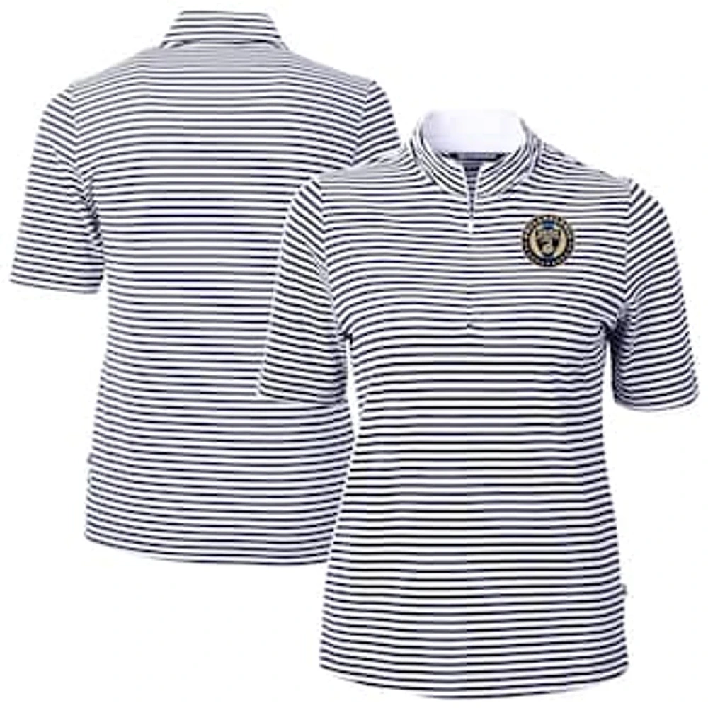 Women's Cutter & Buck Navy Philadelphia Union Virtue Eco Pique Stripe Recycled Quarter-Zip Top