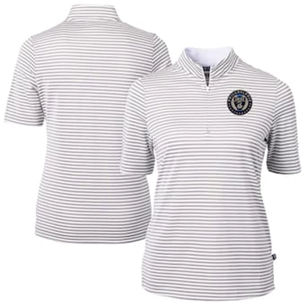 Women's Cutter & Buck Gray Philadelphia Union Virtue Eco Pique Stripe Recycled Quarter-Zip Top