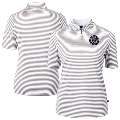 Women's Cutter & Buck Gray Philadelphia Union Virtue Eco Pique Stripe Recycled Quarter-Zip Top