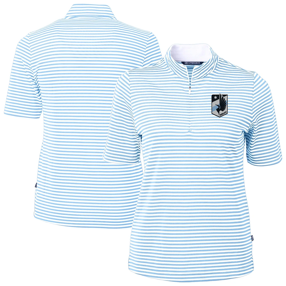Women's Cutter & Buck Powder Blue Minnesota United FC Virtue Eco Pique Stripe Recycled Quarter-Zip Top
