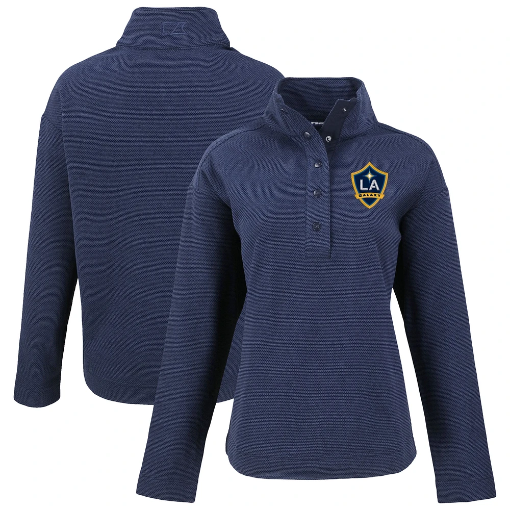 Women's Cutter & Buck Navy LA Galaxy Hunts Point Eco Textured Fleece Recycled Quarter-Snap Pullover Top
