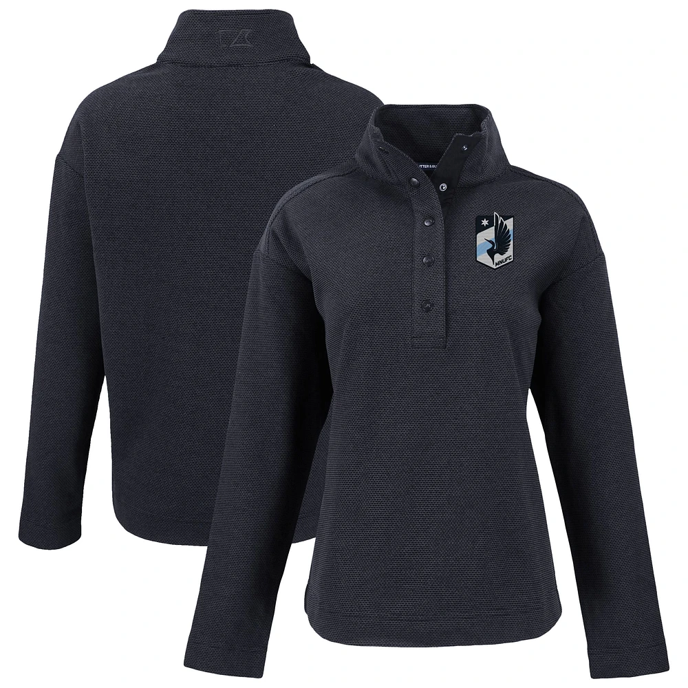 Women's Cutter & Buck Black Minnesota United FC Hunts Point Eco Textured Fleece Recycled Quarter-Snap Pullover Top