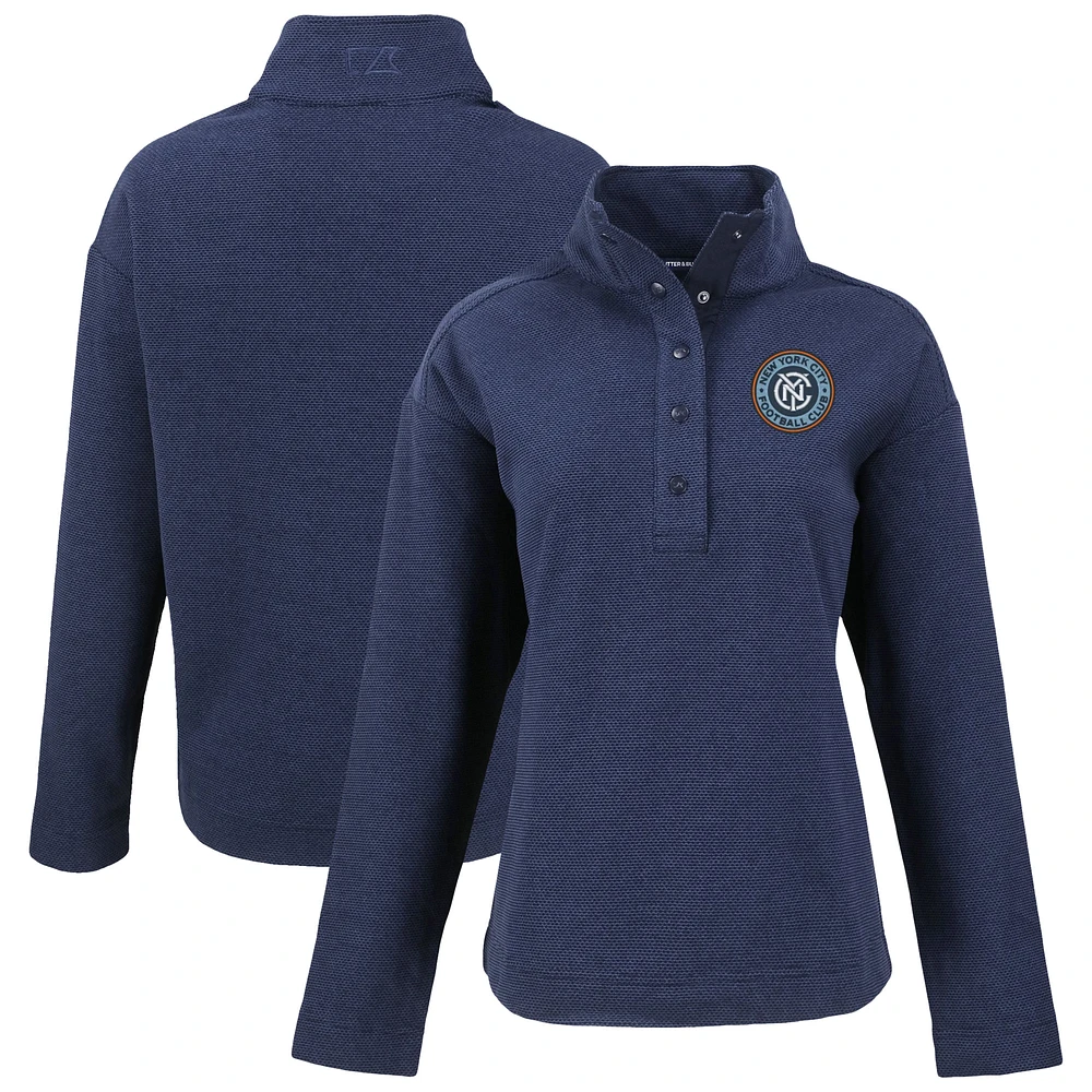 Women's Cutter & Buck Navy New York City FC Hunts Point Eco Textured Fleece Recycled Quarter-Snap Pullover Top
