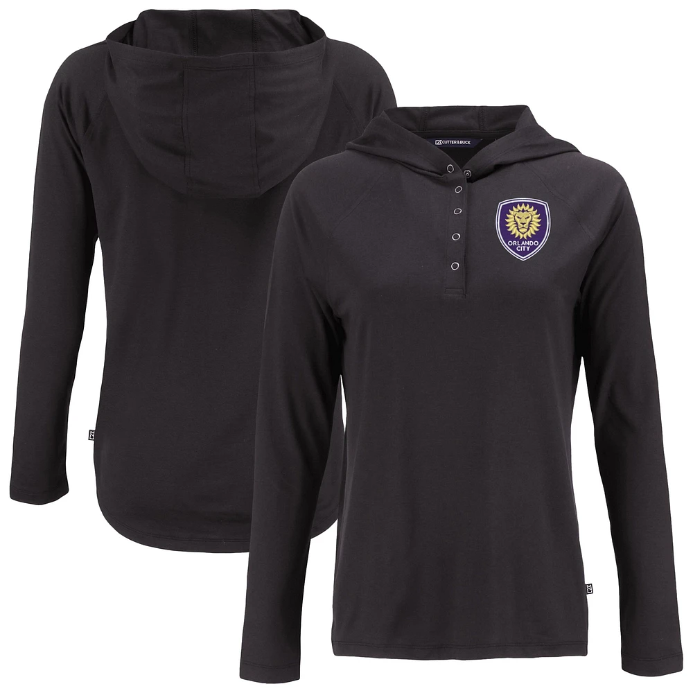 Women's Cutter & Buck Black Orlando City SC Coastline Epic Comfort Eco Recycled Quarter-Snap Raglan Hoodie Top