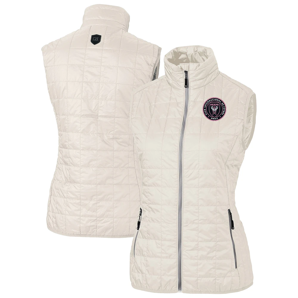 Women's Cutter & Buck Oatmeal Inter Miami CF Rainier PrimaLoft Eco Insulated Full-Zip Printed Puffer Vest