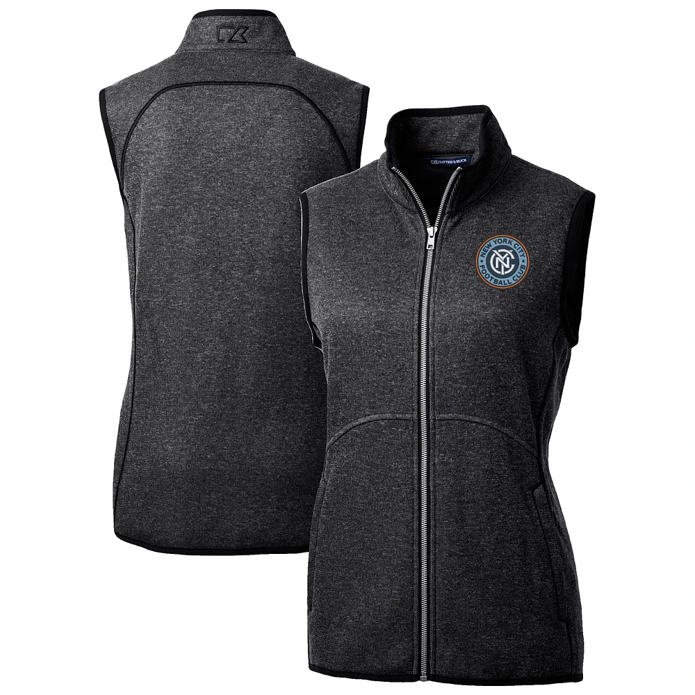 Women's Cutter & Buck Heather Charcoal New York City FC Mainsail Sweater-Knit Full-Zip Vest