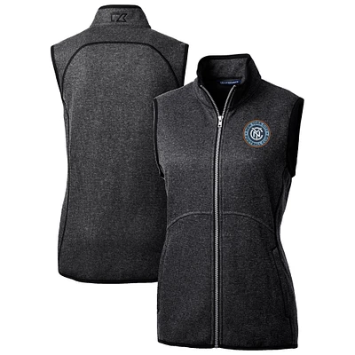 Women's Cutter & Buck Heather Charcoal New York City FC Mainsail Sweater-Knit Full-Zip Vest