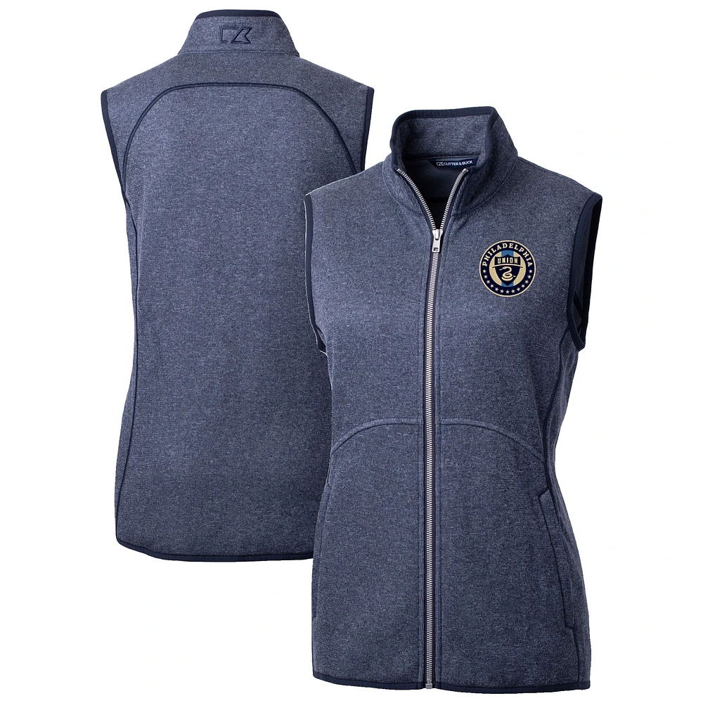 Women's Cutter & Buck Heather Navy Philadelphia Union Mainsail Sweater-Knit Full-Zip Vest