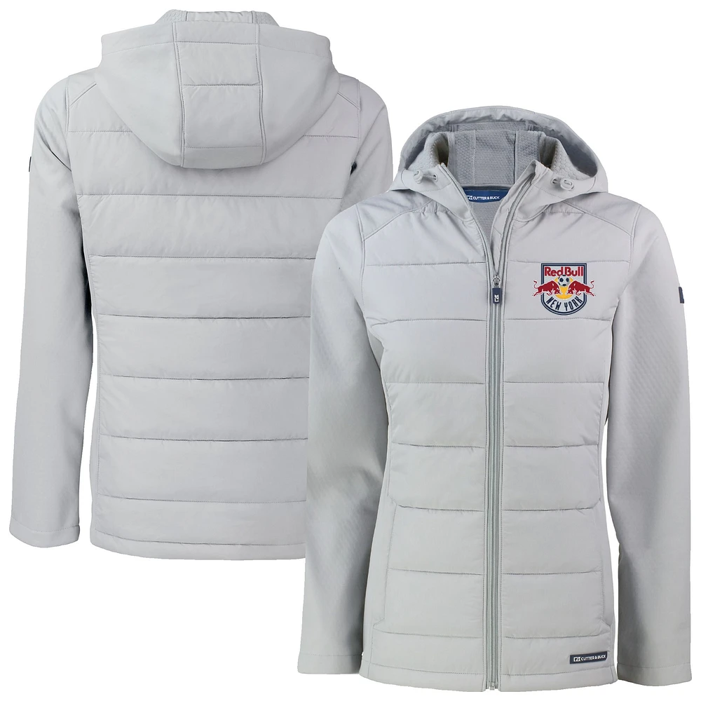Women's Cutter & Buck Gray New York Red Bulls Evoke Hybrid Eco Softshell Recycled Full Zip Hooded Jacket