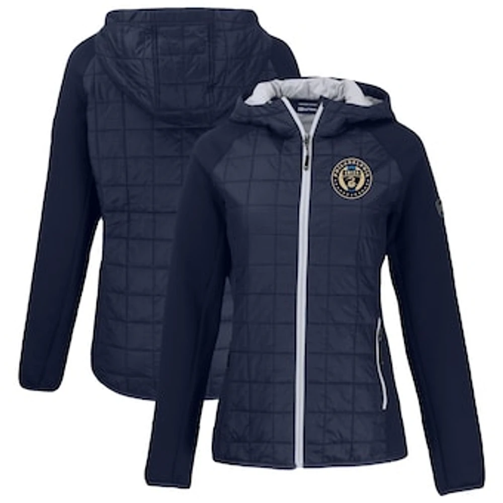 Women's Cutter & Buck Navy Philadelphia Union Rainier Primaloft Eco Raglan Full-Zip Hybrid Hooded Jacket