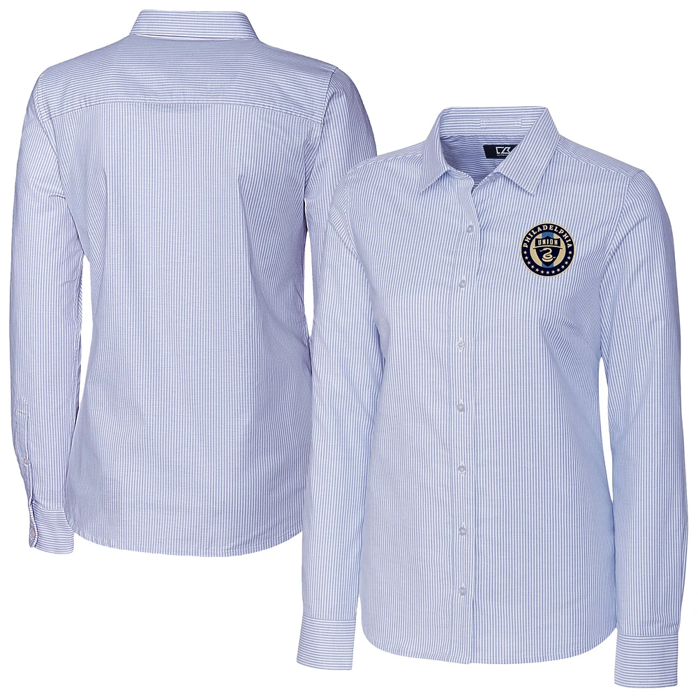 Women's Cutter & Buck Light Blue Philadelphia Union Stretch Oxford Stripe Tri-Blend Long Sleeve Button-Up Shirt