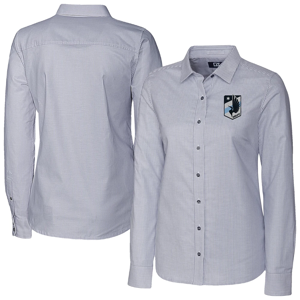 Women's Cutter & Buck Gray Minnesota United FC Stretch Oxford Stripe Tri-Blend Long Sleeve Button-Up Shirt