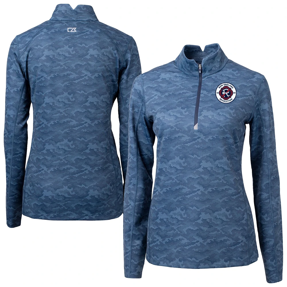 Women's Cutter & Buck Navy New England Revolution Traverse Stretch Eco Camo Print Quarter-Zip Pullover Top