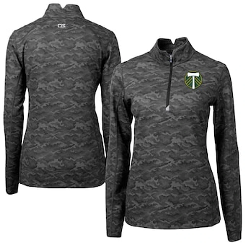 Women's Cutter & Buck Black Portland Timbers Traverse Stretch Eco Camo Print Quarter-Zip Pullover Top