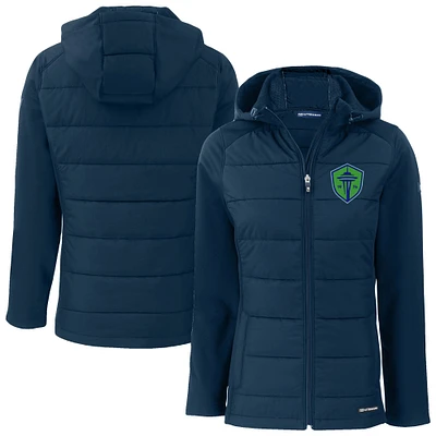 Women's Cutter & Buck Navy Seattle Sounders FC Evoke Hybrid Eco Softshell Recycled Full Zip Hooded Jacket