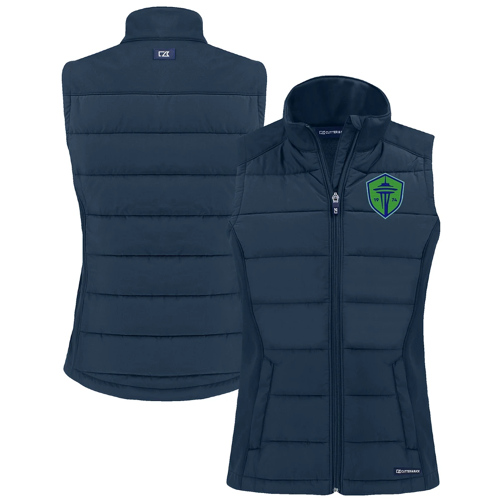Women's Cutter & Buck Navy Seattle Sounders FC Evoke Hybrid Eco Softshell Recycled Full-Zip Vest