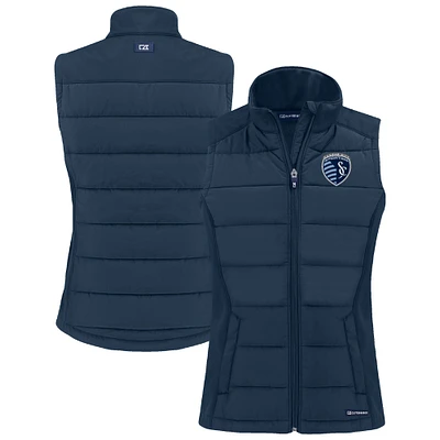Women's Cutter & Buck Navy Sporting Kansas City Evoke Hybrid Eco Softshell Recycled Full-Zip Vest