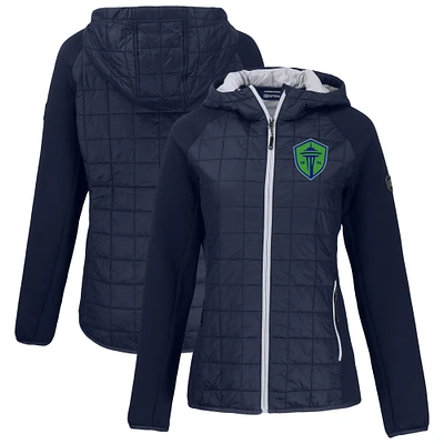 Women's Cutter & Buck Navy Seattle Sounders FC Rainier Primaloft Eco Raglan Full-Zip Hybrid Hooded Jacket
