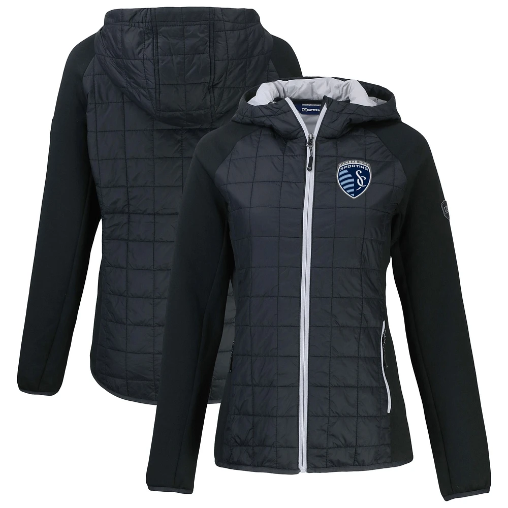 Women's Cutter & Buck Black Sporting Kansas City Rainier Primaloft Eco Raglan Full-Zip Hybrid Hooded Jacket