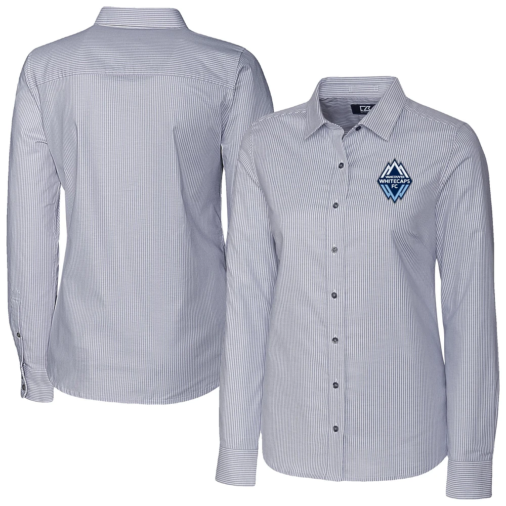 Women's Cutter & Buck Heather Black Vancouver Whitecaps FC Stretch Oxford Stripe Tri-Blend Long Sleeve Button-Up Shirt
