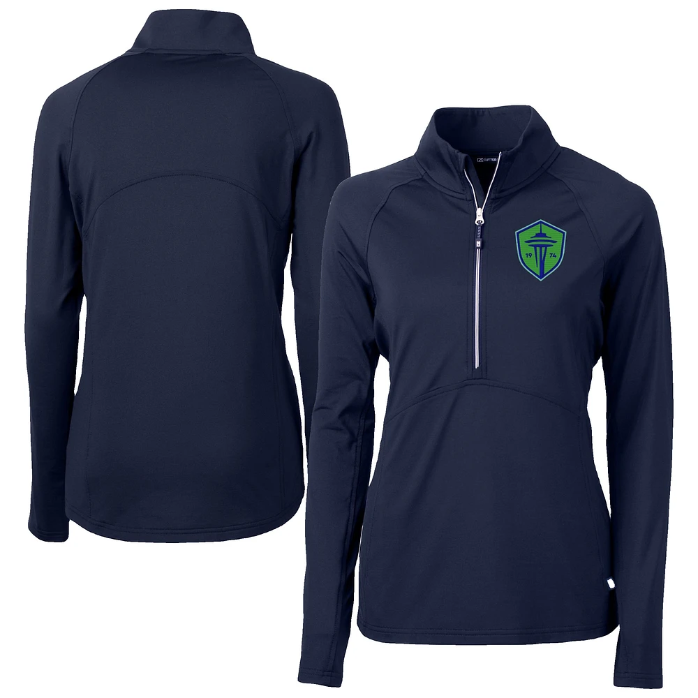 Women's Cutter & Buck Navy Seattle Sounders FC Adapt Eco Knit Stretch Recycled Half-Zip Top