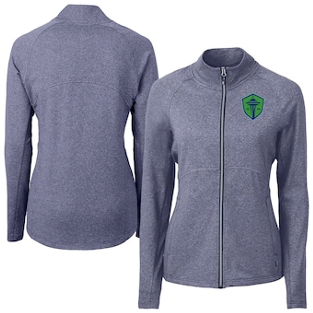 Women's Cutter & Buck Heather Navy Seattle Sounders FC Adapt Eco Knit Hybrid Recycled Raglan Full-Zip Jacket